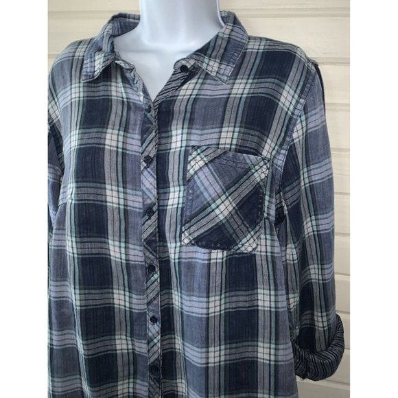 Maurices Sz LARGE Double Cloth Shirt Button Up Blue Plaid Pocket 100% Cotton EUC - Picture 1 of 10